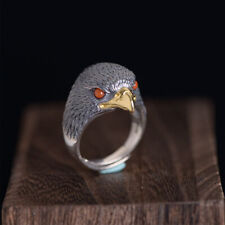 Real Solid 925 Sterling Silver Rings Red Agate Eagle Head Jewelry Open Size 8-11