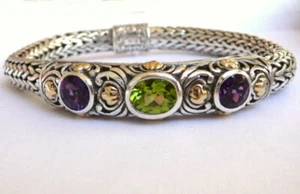 18K / 925 BJC Samuel B Bracelet Peridot & Amethyst Wheat Link 8" Large Wrist - Picture 1 of 11