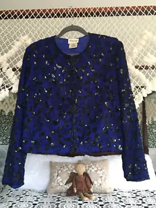 Vintage Stenay SZ M Colbert Blue & Black Sequence Evening Jacket - Picture 1 of 7