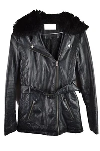 BHS Authentic Faux Leather Womans Biker Jacket Aviator Faux Trim Size 8 - Picture 1 of 12