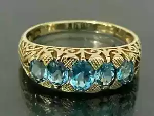 3Ct Oval Lab Created Blue Topaz Women's Wedding Band Ring 14K Yellow Gold Plated - Picture 1 of 7