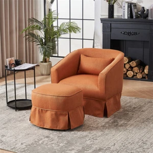 Modern Swivel Round Barrel Accent Chair Upholstered Sofa Armchairs with Ottoman - Picture 1 of 14