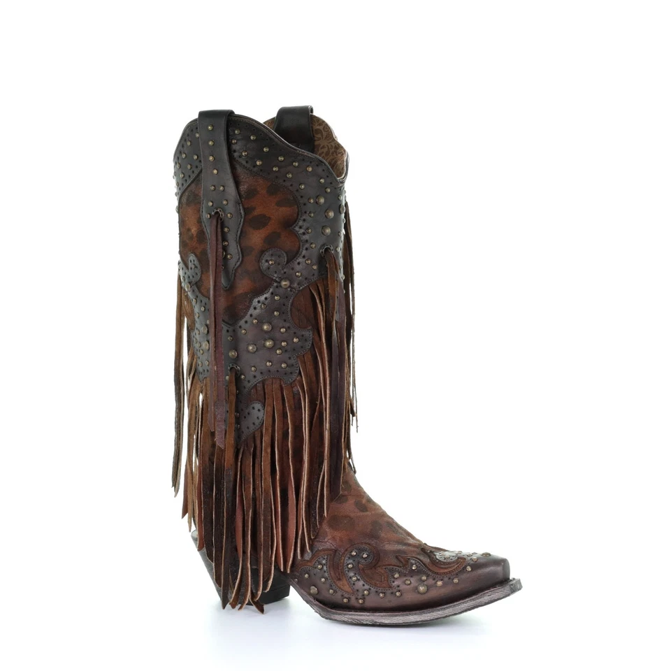 Women’s Corral Fringe Boots Cheetah Print Studs Handmade Size 8 A3618