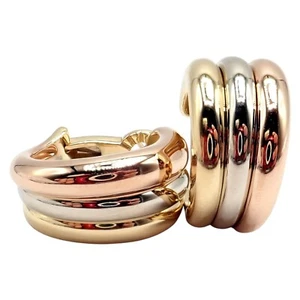 Authentic! Cartier 18k Tri-Color Gold Large Size Trinity Huggie Hoop Earrings - Picture 1 of 9