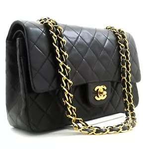 n99 CHANEL Authentic Classic Double Flap 10" Chain Shoulder Bag Black Lambskin - Afbeelding 1 van 20