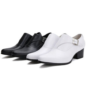 Men's Business Buckle Pointy Toe Formal Dress Male Mid Heels Party Leather Shoes