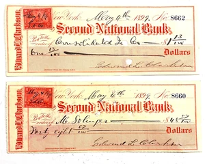 Lot 2 Second National Bank New York 1899 Signed 2¢ Cent Stamped Checks Money - Picture 1 of 2