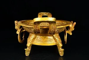 8.4" old China antique the warring states period bronze Gilding Fruit tray - Picture 1 of 9