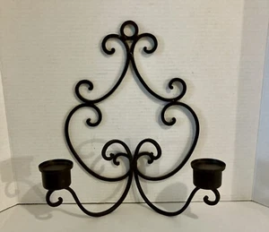 Vintage Black Wrought Iron 2 Pillar Wall Candle Holder Gothic - Picture 1 of 7