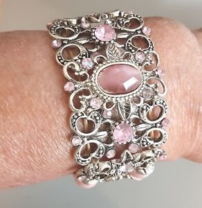 Pink Cats Eye Glass Bead Pearl Flower Stretch Bracelet Silver 1.25*7