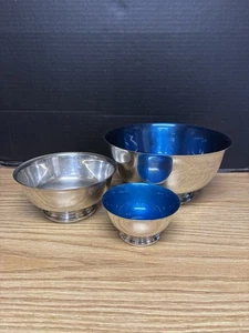 VINTAGE REED & BARTON SILVER PLATED/BLUE ENAMEL INTERIOR FOOTED BOWL SET #5191 - Picture 1 of 8