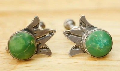 Ювелирные изделия из чистого серебра серьги-винты с зеленой бирюзой и короной - Изображение 1 из 4