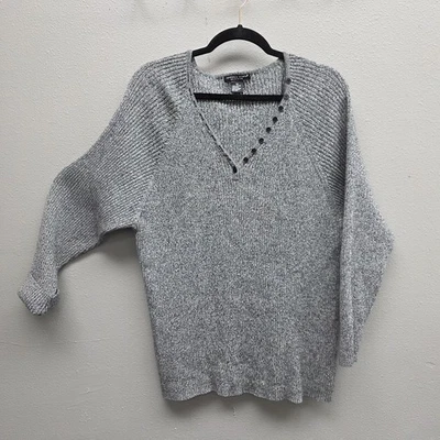 Reference Point 毛衣女式 3X 灰色 Marled V 领纽扣装饰针织套衫 — 第 1/4 张图片