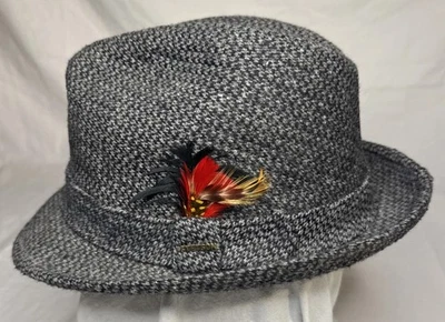 STETSON Equalizer Fedora Hat Size M Gray Tweed Wool Feather Vintage Made In USA - Image 1 of 4