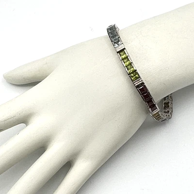 MULTI-COLOR gemstone bracelet - sterling silver princess garnet citrine amethyst - Image 1 of 4