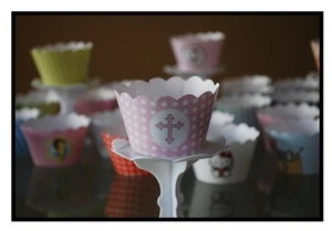 12 girls christening "HOLY CROSS PINK" Cupcake Wrappers-WORLDWIDE FREE SHIPPING - Picture 1 of 48