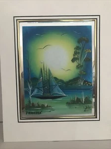 Panama Meereslandschaft Gemälde Segelboot Landschaft Bäume Vögel signiert mattiert 14x11" - Bild 1 von 13
