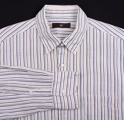 Ermenegildo Zegna ITALY Blue Brown Striped 100% LINEN Button Down Dress Shirt 41 - Image 1 of 4