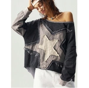 Shein Bohemela Shirt Asymmetric Hemline Patchwork Top Black Size S NWT - Picture 1 of 13