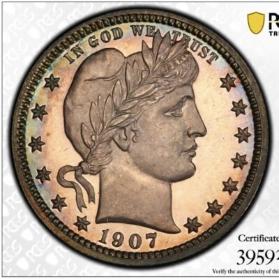 1907 Barber Quarter 25C PCGS PR63 Green CAC Toned 🌈 - Image 1 of 4