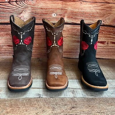 Mujer Western Rodeo Puntera Cuadrada Botas Vaqueras Cuero Bota de Mujer Rosas Flor Foto 1 de 4