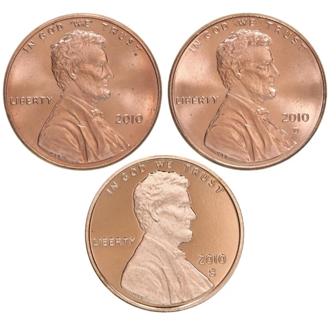 2010 P D S Lincoln Shield Cent  BU FROM ROLLS, PROOF FROM PROOF SET 3 Coin Lot Cover