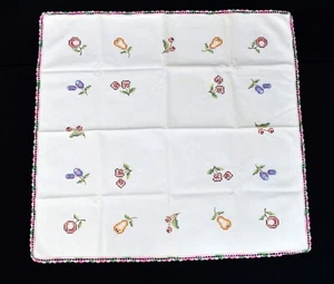 Vintage Hand Embroidered Fruit Cross Stitch Crochet Edge Cotton Tablecloth 30x32 - Picture 1 of 8