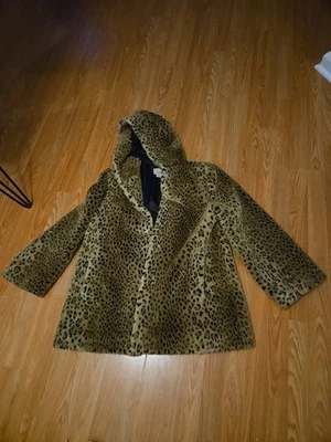 复古 East 5th 人造毛皮猎豹豹动物印花外套带帽 M 码 — 第 1/4 张图片