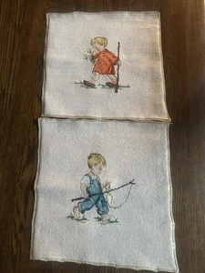 Needlepoint Pieces: Boy Fishing & Girl With Flowers ~Unframed 13 X 13 - Picture 1 of 5