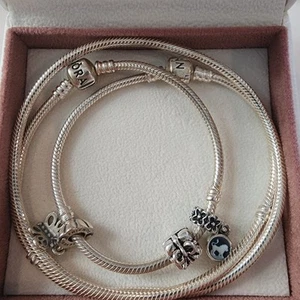 Pandora Cable Chain Necklace With 3 Charms Authentic 25" - Picture 1 of 3
