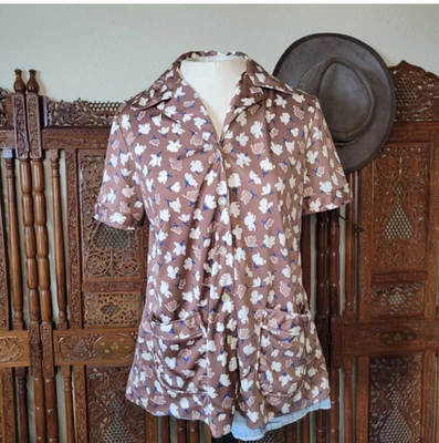 Vintage 70s Chocolate Brown Floral Homemade Button Tunic Blouse Dagger Collar - Image 1 of 4