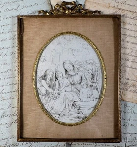 Antiker französischer Bogen Top Rahmen mit Künstler Intaglio Druck aus einem Buch, religiös - Bild 1 von 10