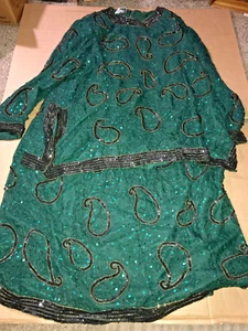 Vintage Carina Sequined Dress Formal 2 Piece Green Sequins Zipper Back - Picture 1 of 7
