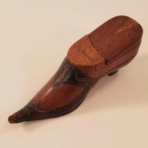 19th C Polychrome Inlaid Trick Treen Shoe Snuff Box Nautical Sailor Art 6” Wood - Picture 1 of 9