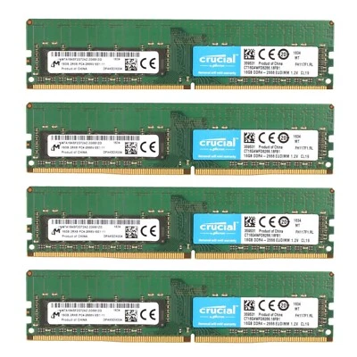 Crucial 64GB (4X16GB) DDR4 2666MHz PC4-21300 2RX8 ECC UDIMM Memory CT16G4WFD8266 - Image 1 of 4