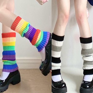 Women Student Knit Leg Warmers Crochet Ribbed Rainbow Striped Lolita Boot Socks