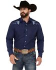 Roper Men&#39;s Embroidered Long Sleeve Pearl Snap Western Shirt Navy Small