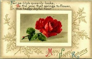 Many Happy Returns Far as Lily's Queenly... Rose Embossed Postcard Winsch Back - Picture 1 of 2