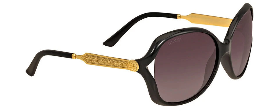 Gucci GG0076S Women Oval Designer Sunglasses Gloss Black Gold/Grey Gradient 60mm - Image 1 of 3