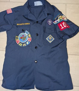 Boys Cub Scout Blue boy scout of america Shirt With Patches Size 10/12 - Picture 1 of 3