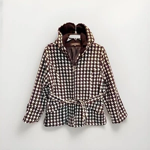 Sandro Womens Coat XL Black White Houndstooth Full Zip Hood Belt Jacket - Picture 1 of 7