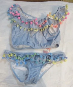 NWT PIlyq 16 Girls Sparkle Denim Pom Pom Bikini Top & Bottom 98513 - Picture 1 of 3