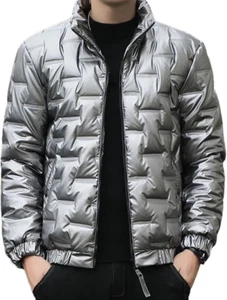 Shiny Puffer Jacket Men’s Large Silver Metallic Coat Collar Outerwear - Picture 1 of 4