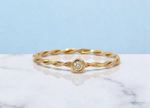 14k Solid Gold Rope Design Diamond Ring Bezel Set Twist Diamond Ring Twisted - Picture 1 of 5