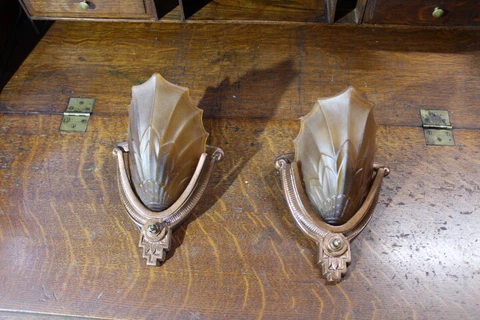 Antique Pair Of Art Deco Slip Shade Wall Sconce Glass Sign Electrolier Theater Cover