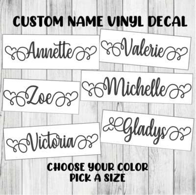 Custom Cursive Hearts Vinyl Decal Cute Fancy Sticker Script Personalized Letter - Image 1 of 4