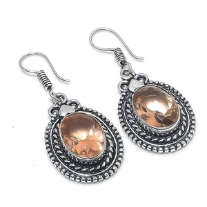 Peach Morganite Gemstone Handmade 925 Sterling Silver Jewelry Earrings Size 1.4" - Picture 1 of 1