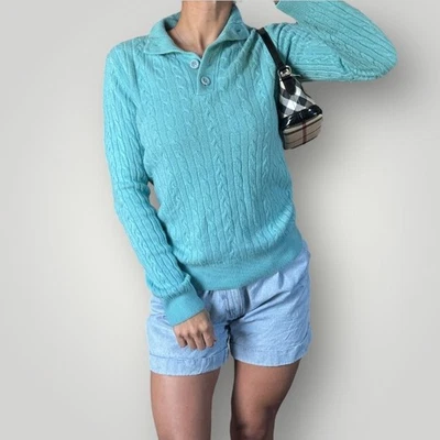 Vintage Bass Cable Knit Sweater Womens M Blue Henley Pullover Soft Y2K Preppy - Image 1 of 4
