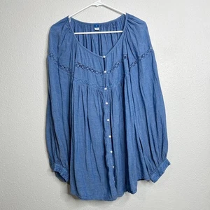 Old Navy Peasant Blouse 3X Blue Chambray Lace Trim Embroidered Boho Top - Picture 1 of 11