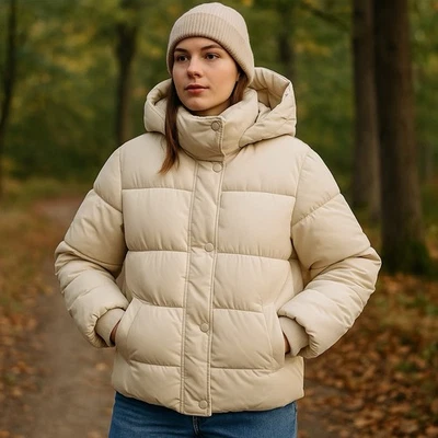 Jaqueta acolchoada feminina J.Crew Signature tamanho G creme com capuz Primaloft superquente - Imagem 1 de 4